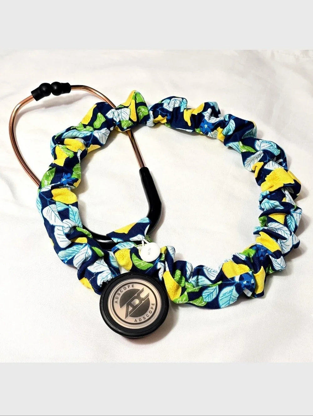 Handmade Blue Lemon Print  Stethoscope Sleeve: Washable Cotton Cover